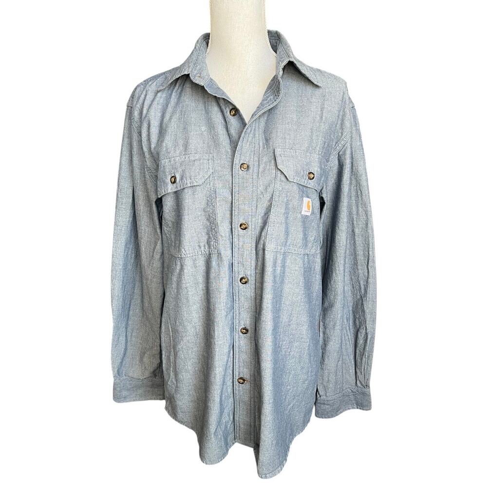 Carhartt chambray blue button down long sleeve loose fit size small workwear